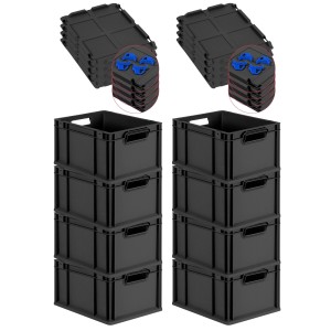 PROREGAL SuperSparSet: 8 schwarze Euroboxen mit Deckel und blauen Verschlüssen, 20 Liter, mit Griffen.