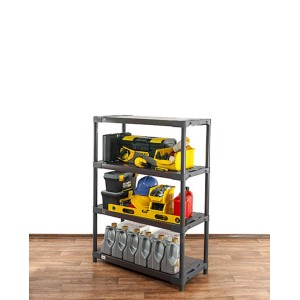 Graues PROREGAL Kunststoffregal Grey Bear mit vier Böden, beladen mit Werkzeug und Ölflaschen.
