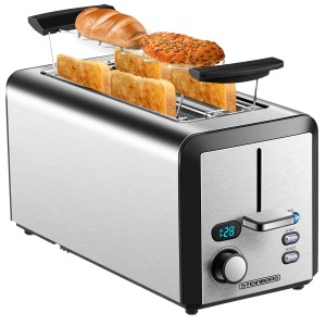 Steinborg Langschlitztoaster mit Brötchenaufsatz und Toastscheiben im Edelstahl Design.