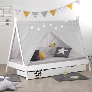 Weißes Homestyle4u Kinderbett 90x200 als Hausbett mit 2 Schubkästen und Sternenstoff.
