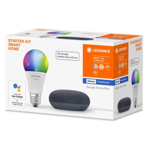 Ledvance Google Home Mini Starterset mit RGBW Lampe und Speaker in Schwarz.