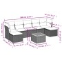 Schwarze 8-tlg. vidaXL Garten-Sofagarnitur aus Polyrattan mit Kissen und Tisch, Maße eingezeichnet.