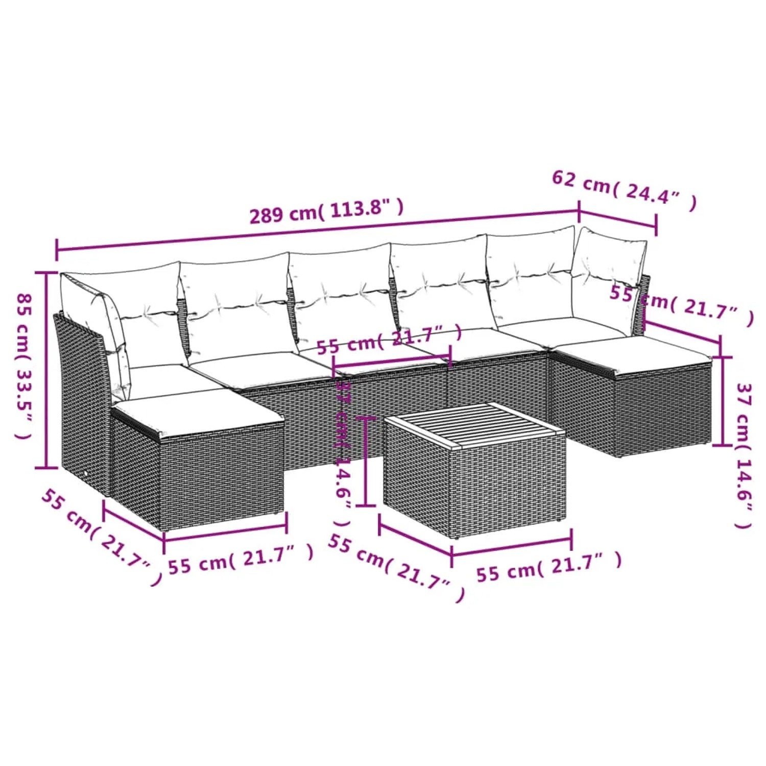 Schwarze 8-tlg. vidaXL Garten-Sofagarnitur aus Polyrattan mit Kissen und Tisch, Maße eingezeichnet.