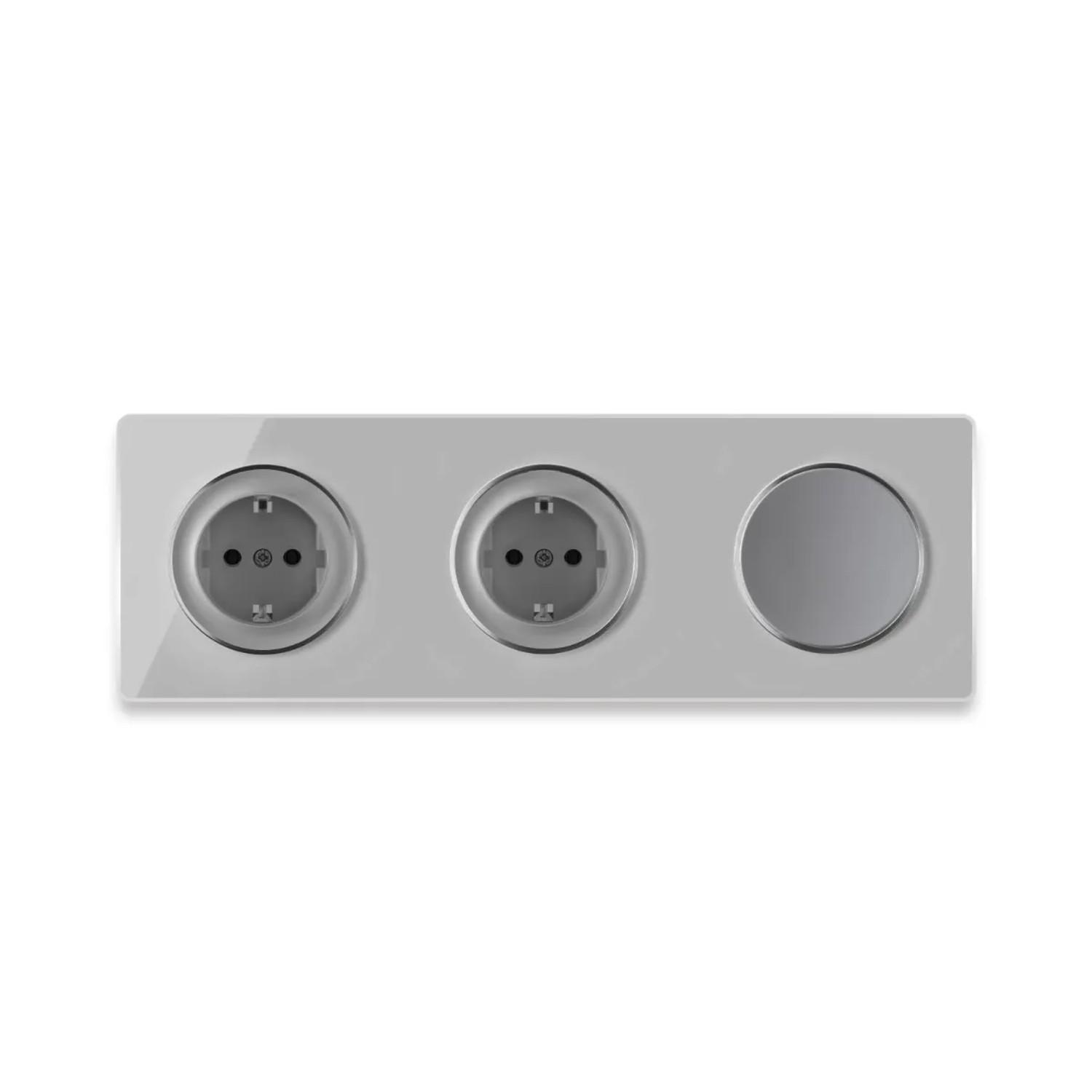 OneKeyElectro 2x Schuko Steckdose + Lichtschalter Einfach + Glas Abdeckrahmen 3fach Waagerecht Grau