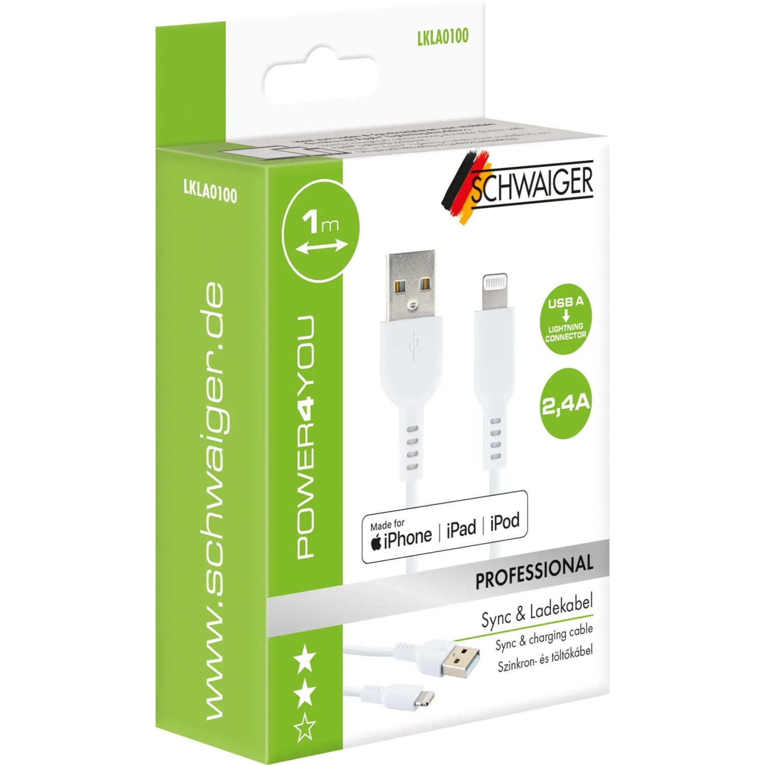 Schwaiger USB-A auf Lightning Kabel, weiß, zum Laden und Synchronisieren von Apple Geräten.