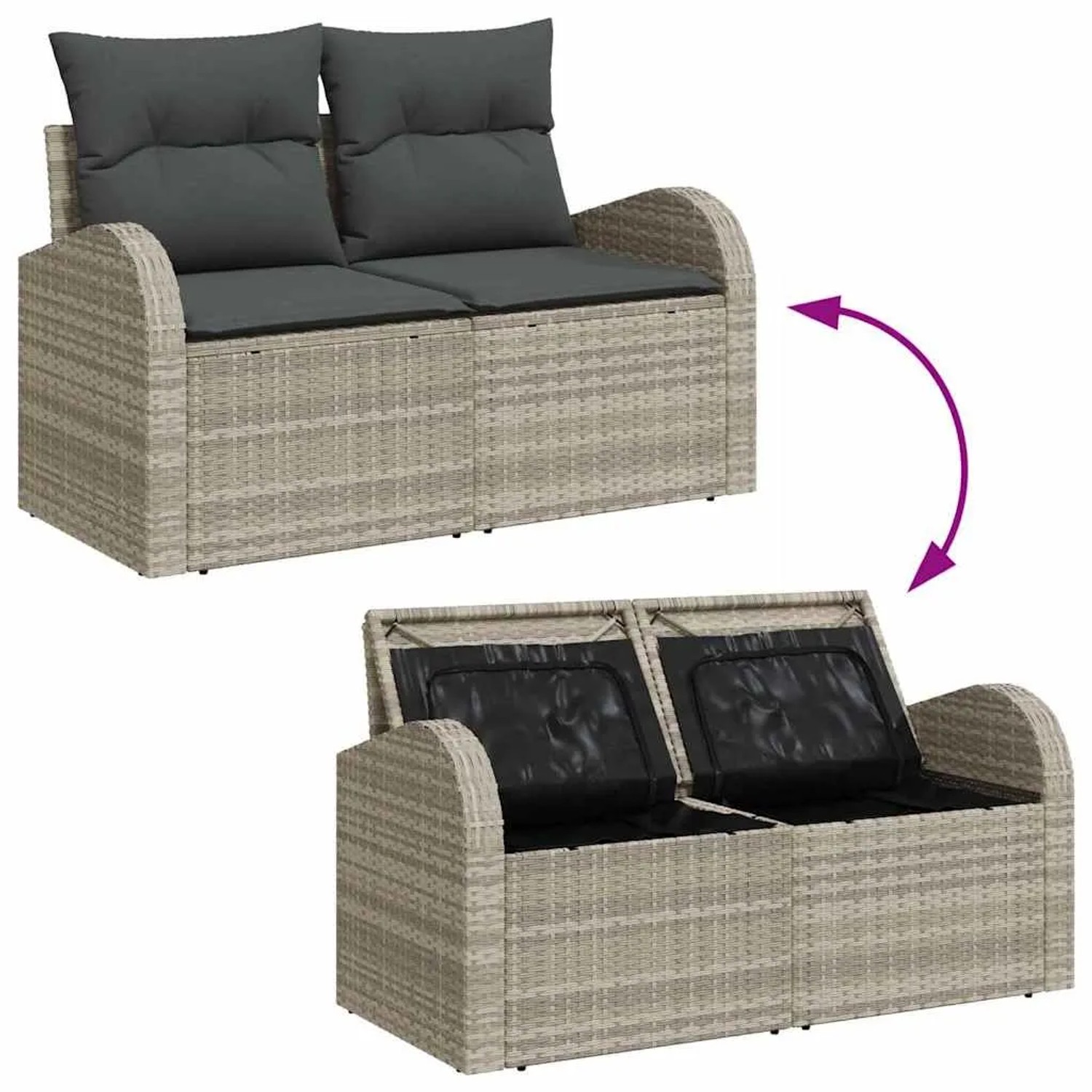 Hellgraues 7-teiliges vidaXL Garten-Sofa-Set aus Poly Rattan mit Stauraum.