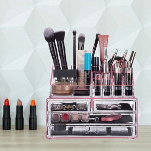 Relaxdays Make Up Organizer Acryl Pink Gestreift 4 Schubfächer 19 cm x 24 cm x 13,5 cm 1,3 kg