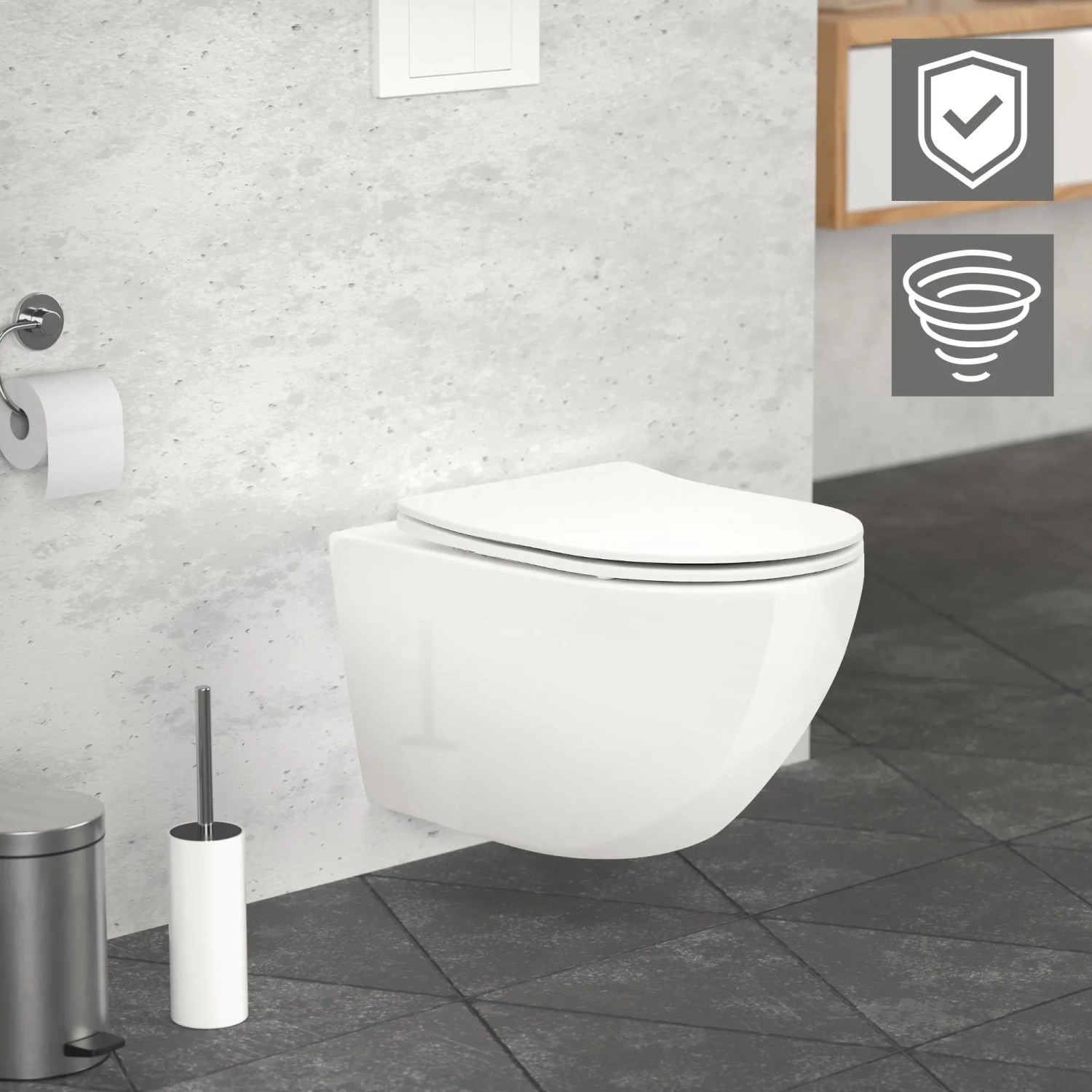 Weißes, spülrandloses LuxeBath Hänge WC mit Nano-Beschichtung und Softclose-Sitz.