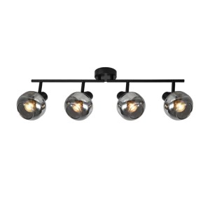 Schwarzer 4-flammiger NETTLIFE Deckenstrahler aus Metall mit rauchgrauen Glas-Spots im Vintage-Design, dimmbar, drehbar.