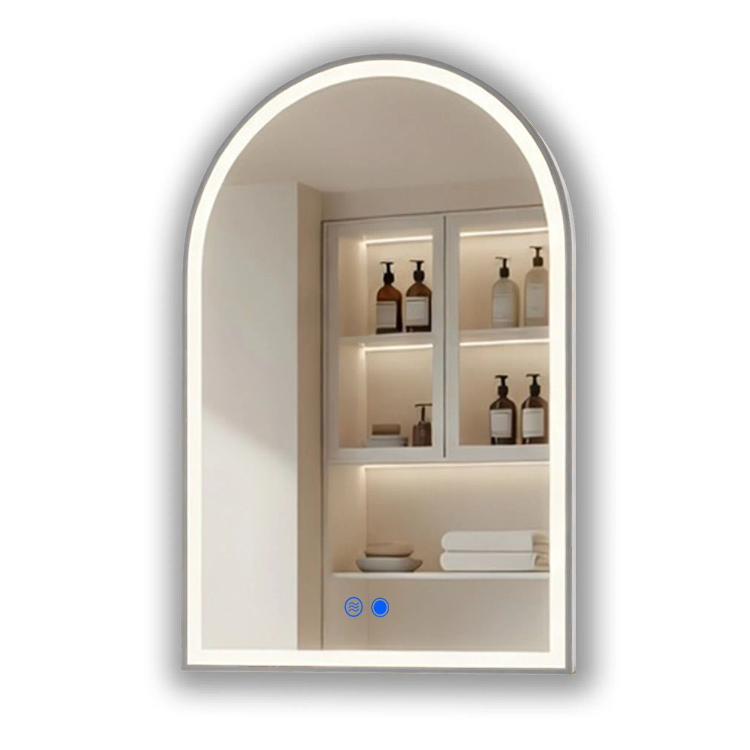 ARTFORMA LED Badspiegel in Bogenform 70x100 cm mit Beleuchtung Rahmen Gebürstetes Silber Antibeschlag Touch IP44