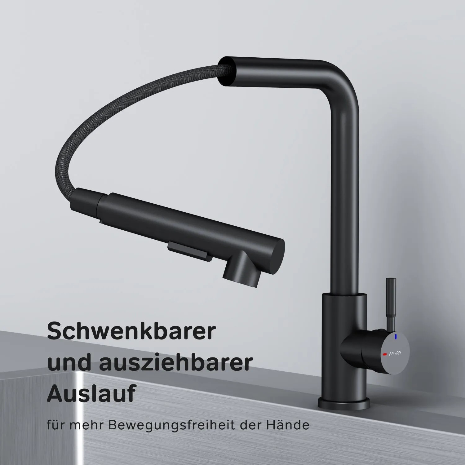Schwarze AM.PM Küchenarmatur Play mit flexiblem Auslauf.