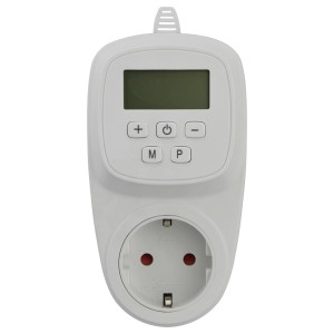 Weiße Thermoschaltsteckdose Infrae zur Temperaturregelung von Heizgeräten.