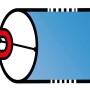 Illustration eines blauen Teleskop-Mauerkastens mit Rundrohranschluss.