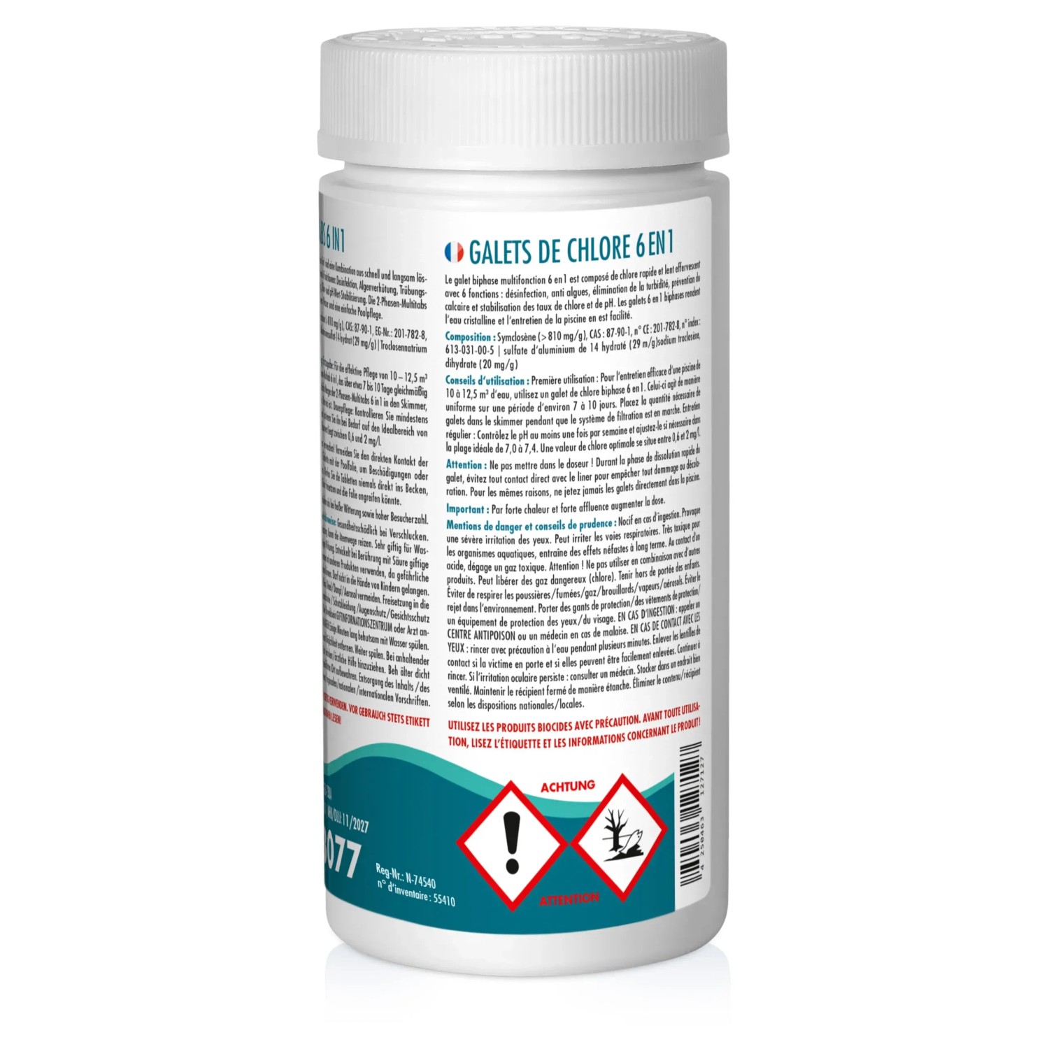 Bayzid 6in1 Multitabs 200g/1kg für Poolreinigung im weißen Behälter mit Produktinformationen.