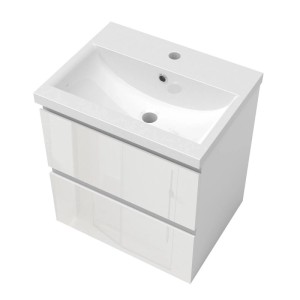 Weißer 50cm Waschtisch mit Keramik-Waschbecken und Hochglanz-Unterschrank. Modernes Badmöbel-Set mit zwei Schubladen.