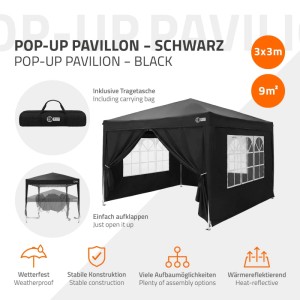 Schwarzer 3x3m Pop-Up Pavillon mit Seitenwänden und Fenstern. Wasserdichter Faltpavillon, UV-Schutz, Stahlgestell, inkl. Tragetasche.