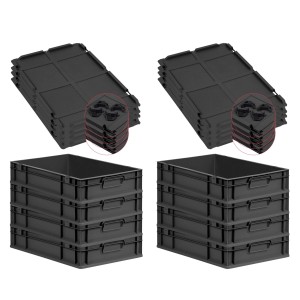 PROREGAL SuperSparSet: 8 Euroboxen mit Deckel, 23L, schwarz, für Lagerung & Transport.