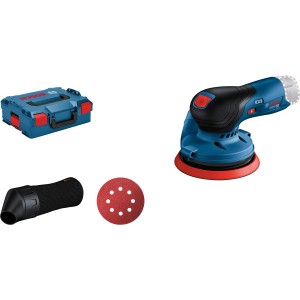 Bosch Professional GEX 12V-125 Akku-Exzenterschleifer mit L-Boxx, Schleifblatt und Staubbeutel.
