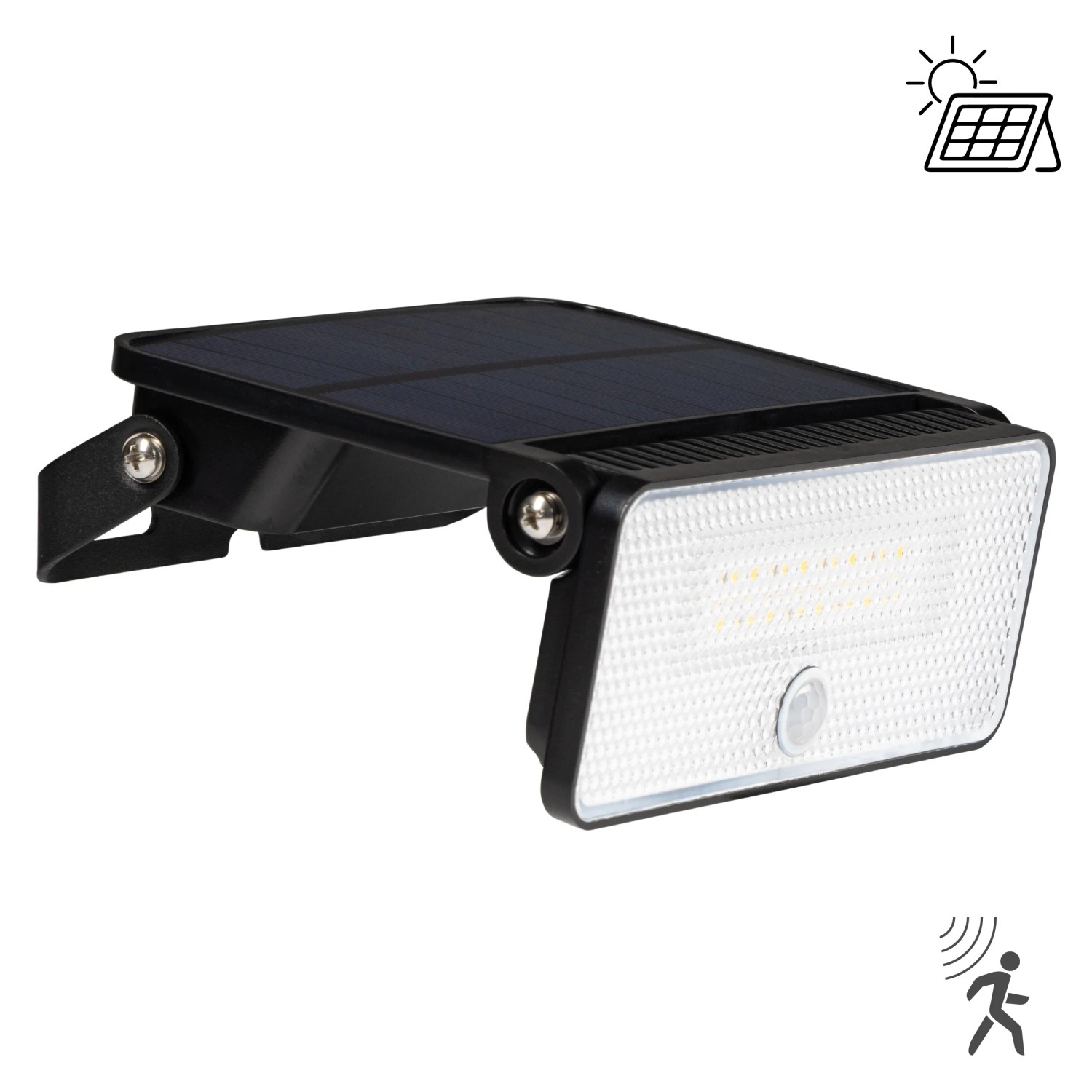 Schwarze LED Solar-Wandleuchte mit Sensor, 1000 Lumen, für den Außenbereich.