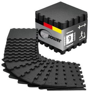 Schwarze eyepower Fitnessmatte, 9-teilig, 30x30 cm, aus EVA-Schaum. Bodenschutz für Sportgeräte, stoßdämpfend & rutschfest.