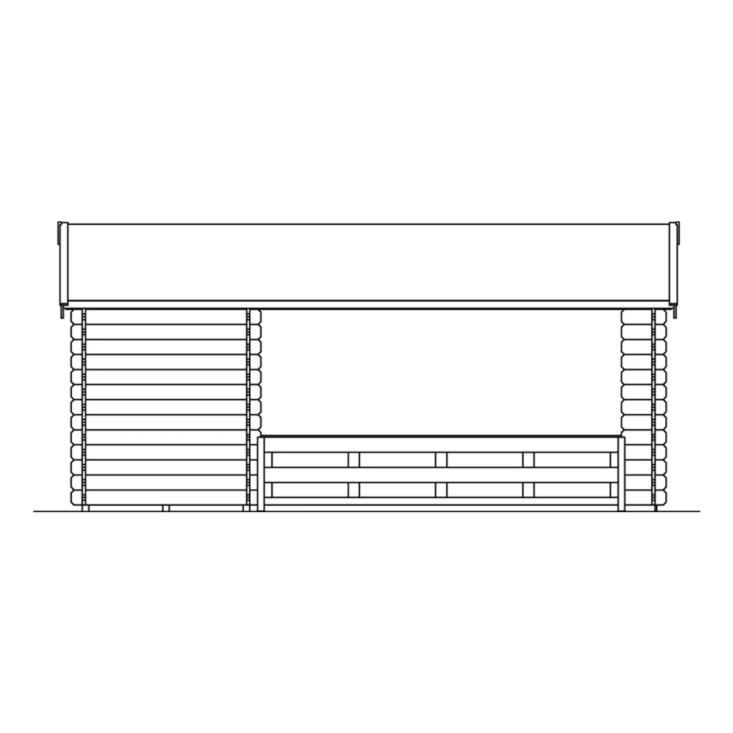 Skizze Skan Holz Gartenhaus Alicante 1 Natur, 380x150 cm, mit Anbau und überdachter Fläche.