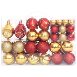 108-teiliges Weihnachtskugel-Set in Gold und Rot, verschiedene Formen und Größen.