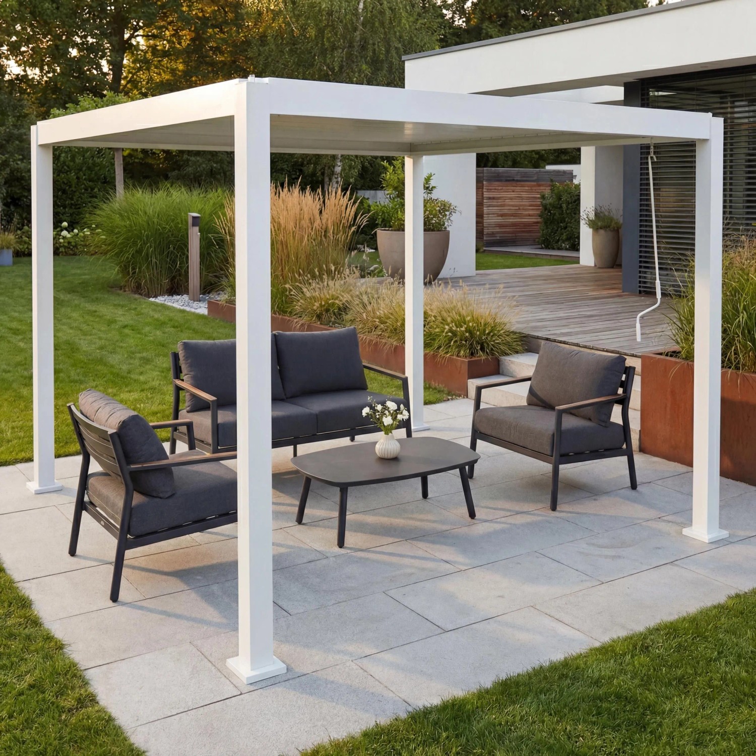 MCW Pergola P65 Lamellen-Pavillon 10cm-Aluminium-Gestell 3x3m Weiß