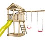 SwingKing Spielturm Daan mit gelber Rutsche und Doppelschaukel aus Holz, 400x320x420cm.