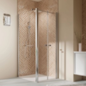 Seitenwand Elana 2.0, 90 cm, Klarglas, Alu Chromeffekt für Pendeltür, Anschlag links.
