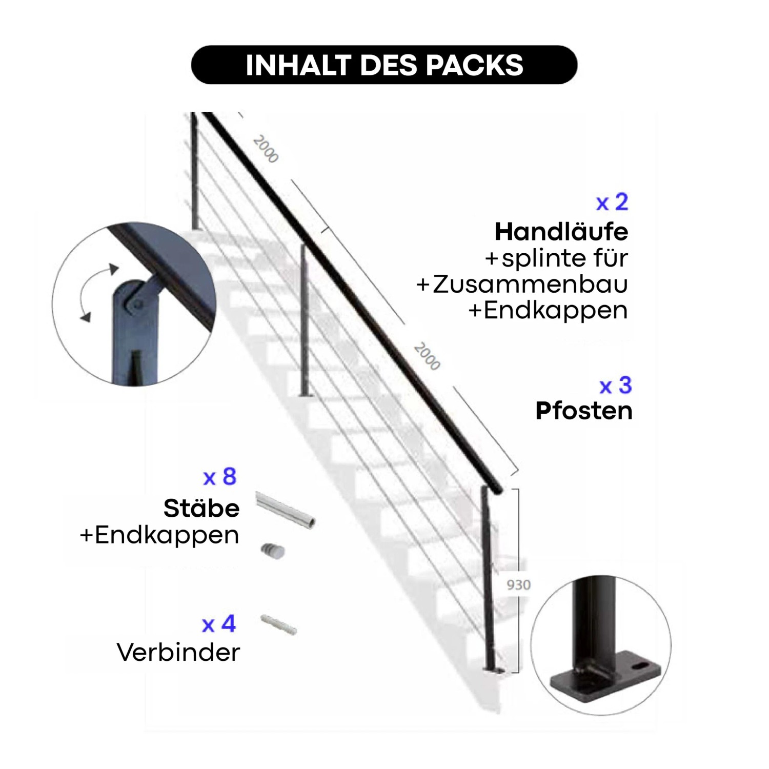 Kordo Treppengeländer Set, 4m, Stahl schwarz, Universo: Handläufe, Pfosten, Stäbe und Verbinder im Überblick.