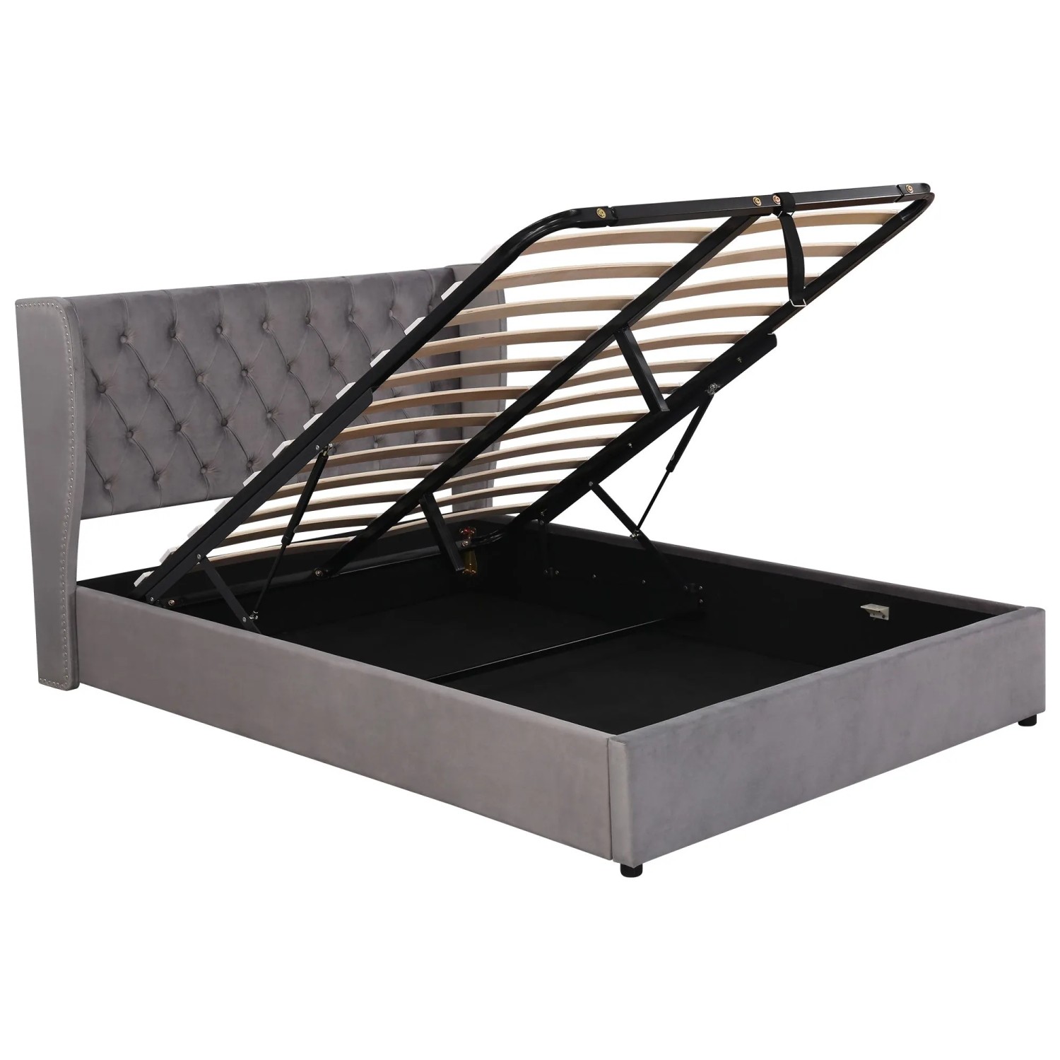 KOMHTOM Gepolstertes Doppelbett 140x200Cm  Mit Stauraum  Lattenrost  Bezogen Mit Fleckenabweisendem Schwarzem Fleece-Stoff  Grau
