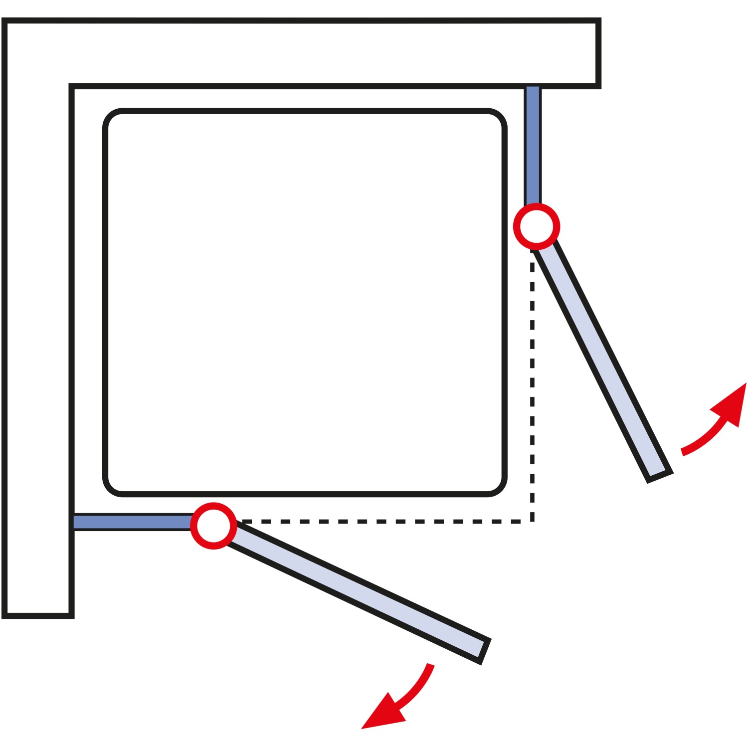 Skizze einer Schulte ExpressPlus Eckeinstiegsdusche MasterClass mit Drehtüren in Chromoptik.