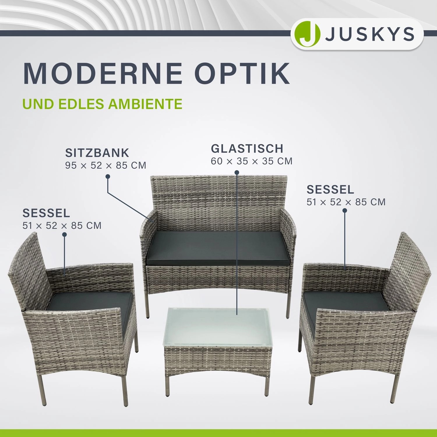 Juskys Polyrattan Sitzgruppe Fort Myers, grau meliert, mit Bank, Sesseln und Tisch.