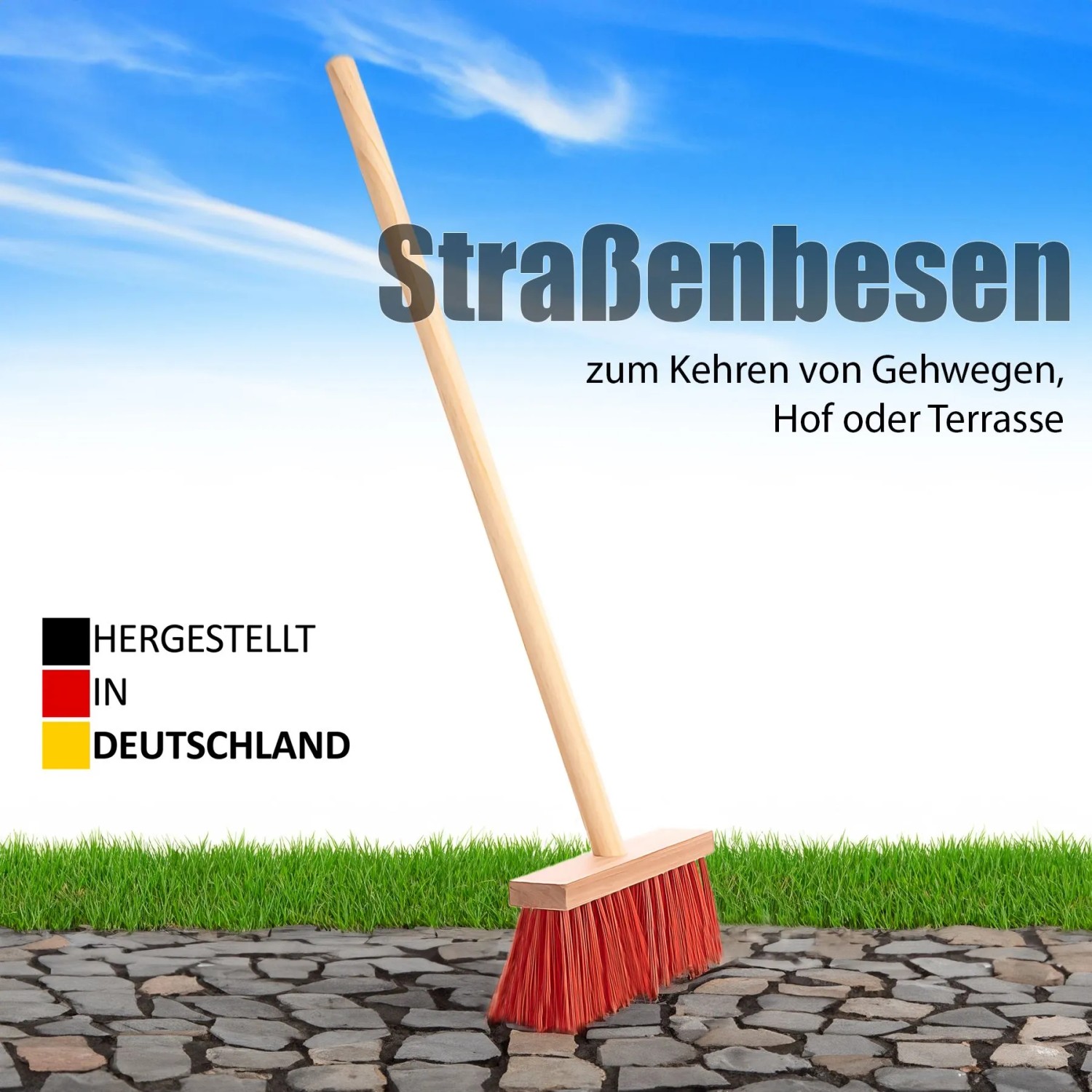 BigDean Kinder Besen Straßenbesen Mit Extra Starken Roten Borsten Kindgerechte Gartengeräte Straßenbesen Mit Stabilem Holz Stiel_5