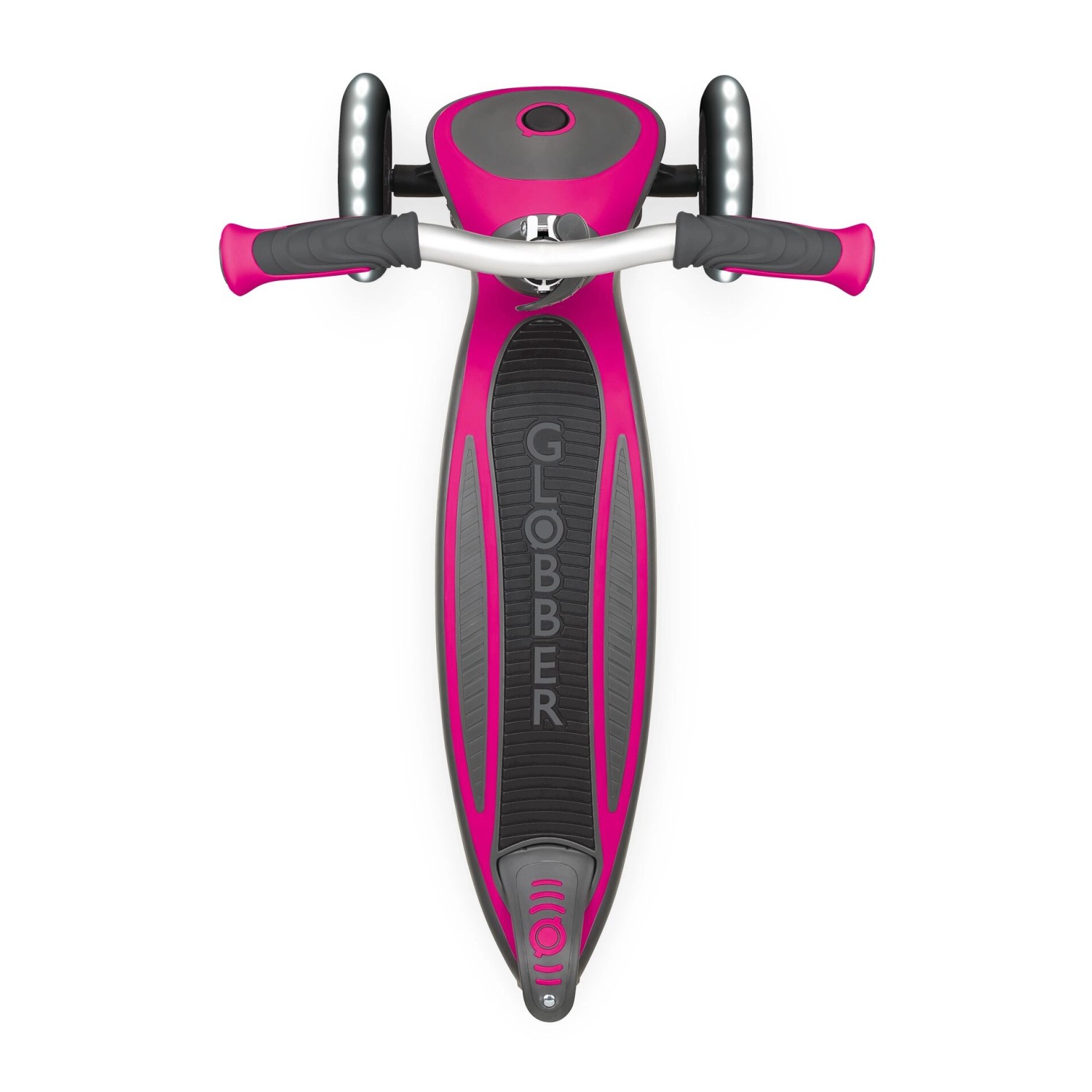 Globber Master Lights Kinder Tretroller, pink, mit LED-Leuchtrollen, von oben.