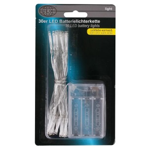 LEX 30er LED Lichterkette, batteriebetrieben, warmweiß, transparentes Kabel. Ideal für Deko & Weihnachten.