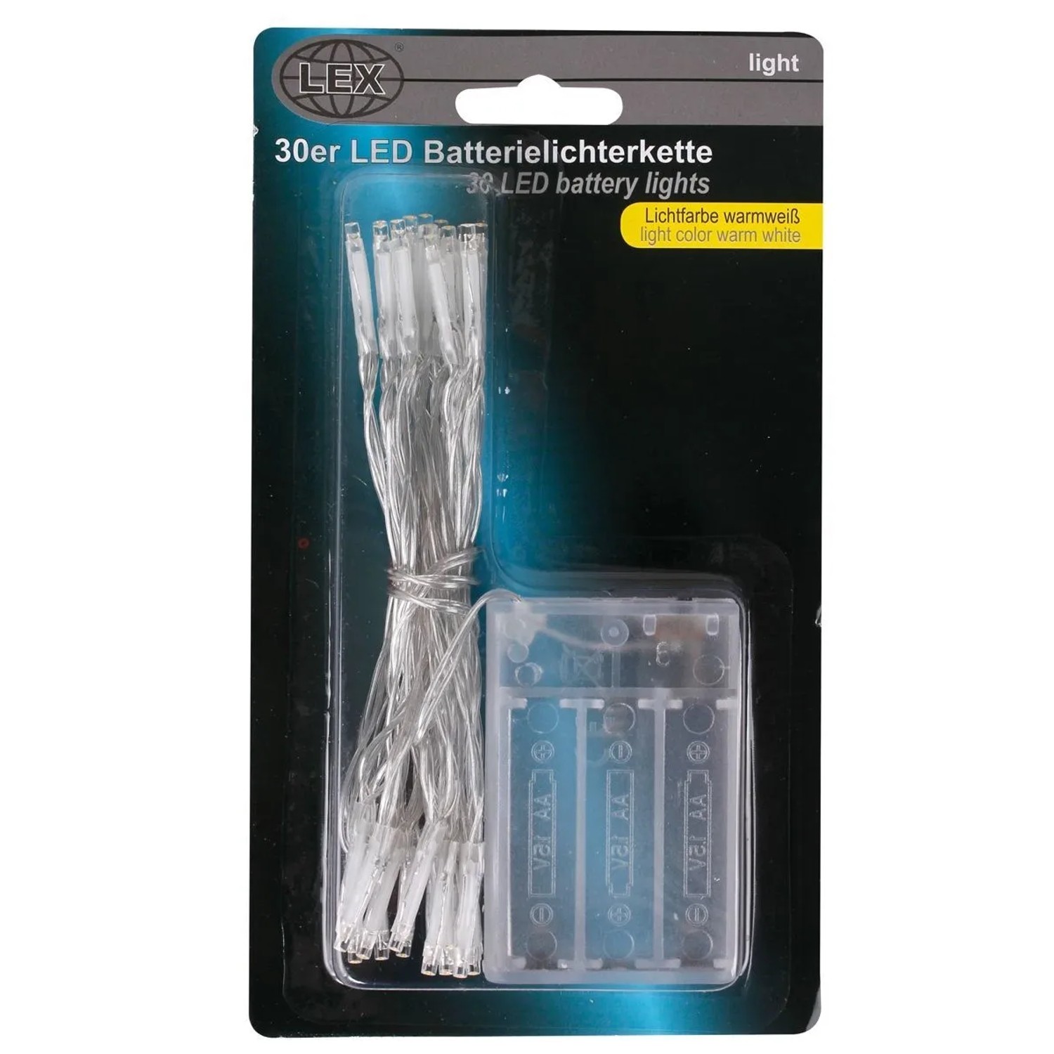 LEX 30er LED Lichterkette, batteriebetrieben, warmweiß, transparentes Kabel. Ideal für Deko & Weihnachten.