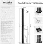 Abbildung der Tectake Solardusche Orinoco mit Maßen und Details zu Wassertank, Duschkopf und Seifenablage.