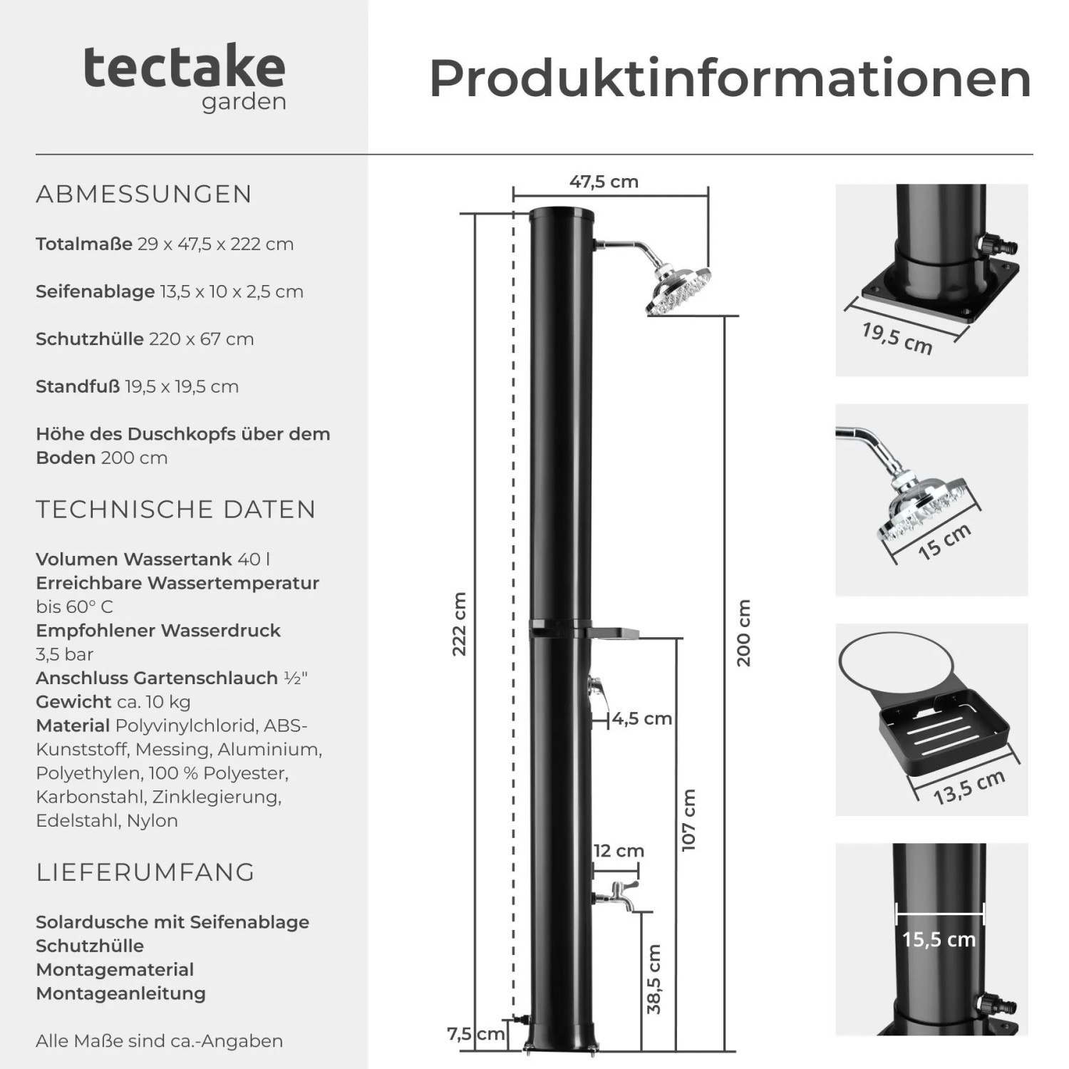 Abbildung der Tectake Solardusche Orinoco mit Maßen und Details zu Wassertank, Duschkopf und Seifenablage.