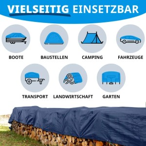 Blaue Karat Abdeckplane 6x10m schützt Holzstapel vor Nässe. Wasserdichte Schutzplane mit Ösen.