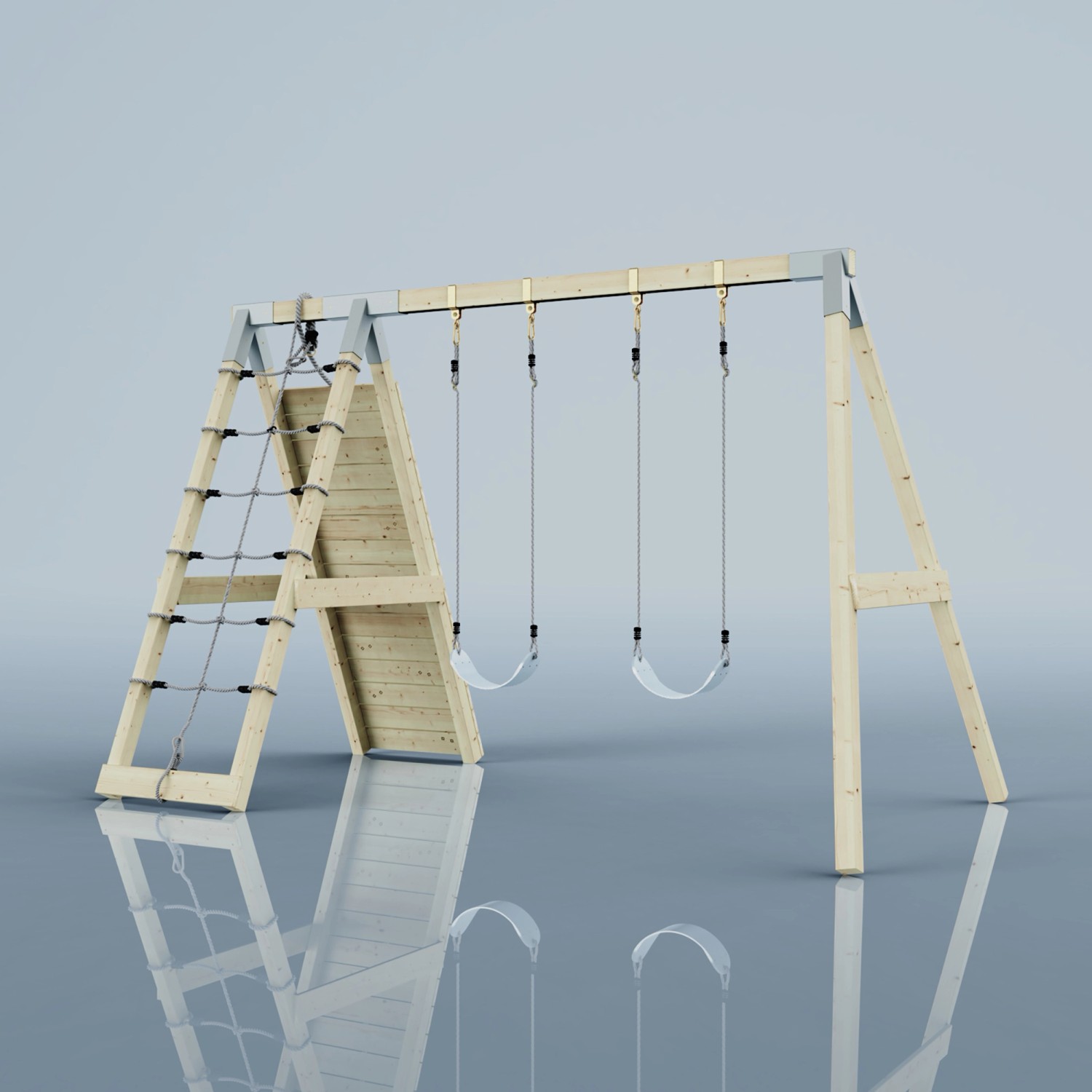 PolarPlay Klettergerüst Biene Eisblau mit Schaukel und Kletterwand für Kinder.