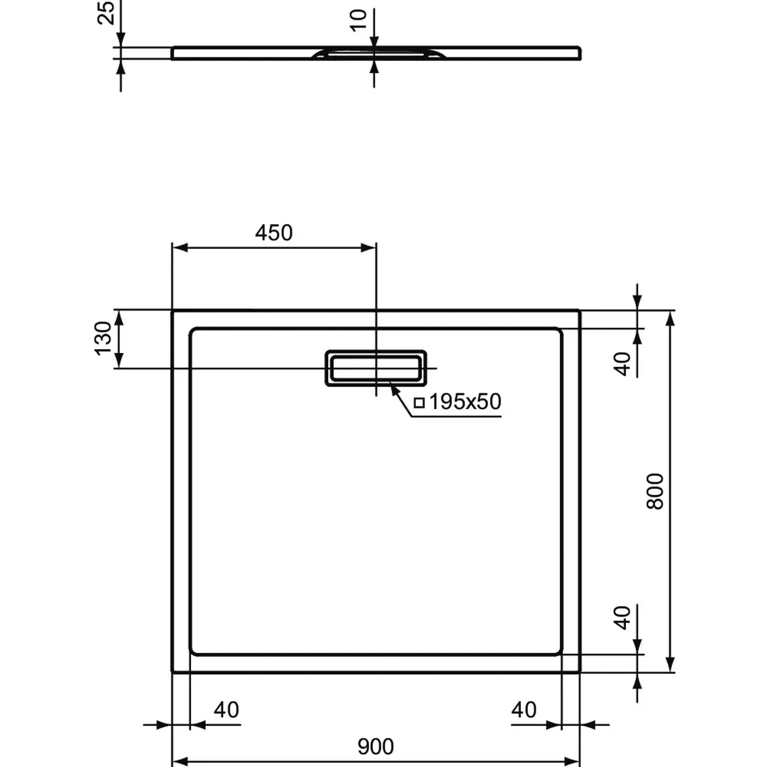 Technische Zeichnung: Ideal Standard Ultra Flat New Duschwanne, rechteckig, 90x80 cm, Maße und Details.