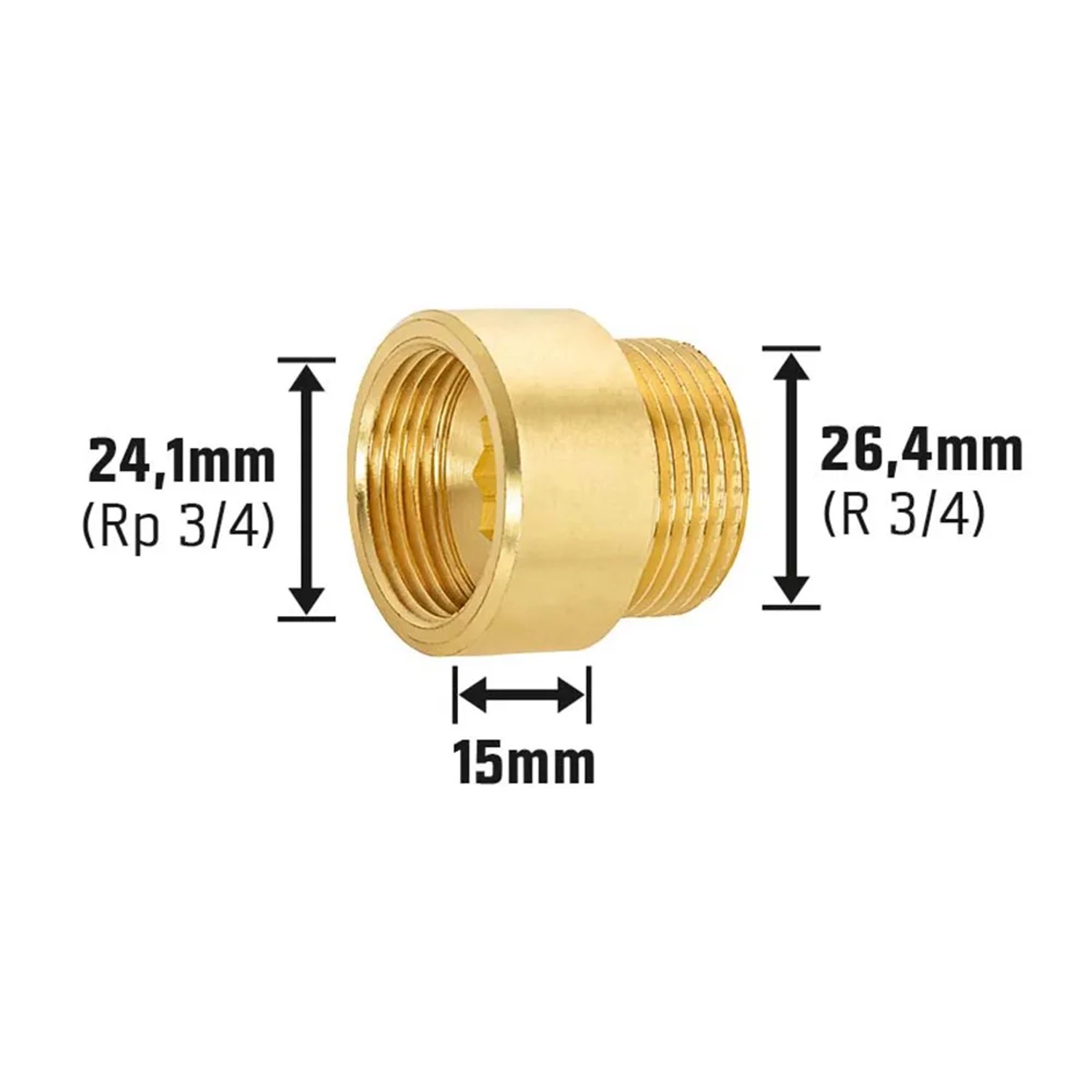 Hahnverlängerung aus Messing, 24,1 mm (Rp 3/4) x 26,4 mm (R 3/4), zur Verlängerung von Gewindefittings um 15 mm.