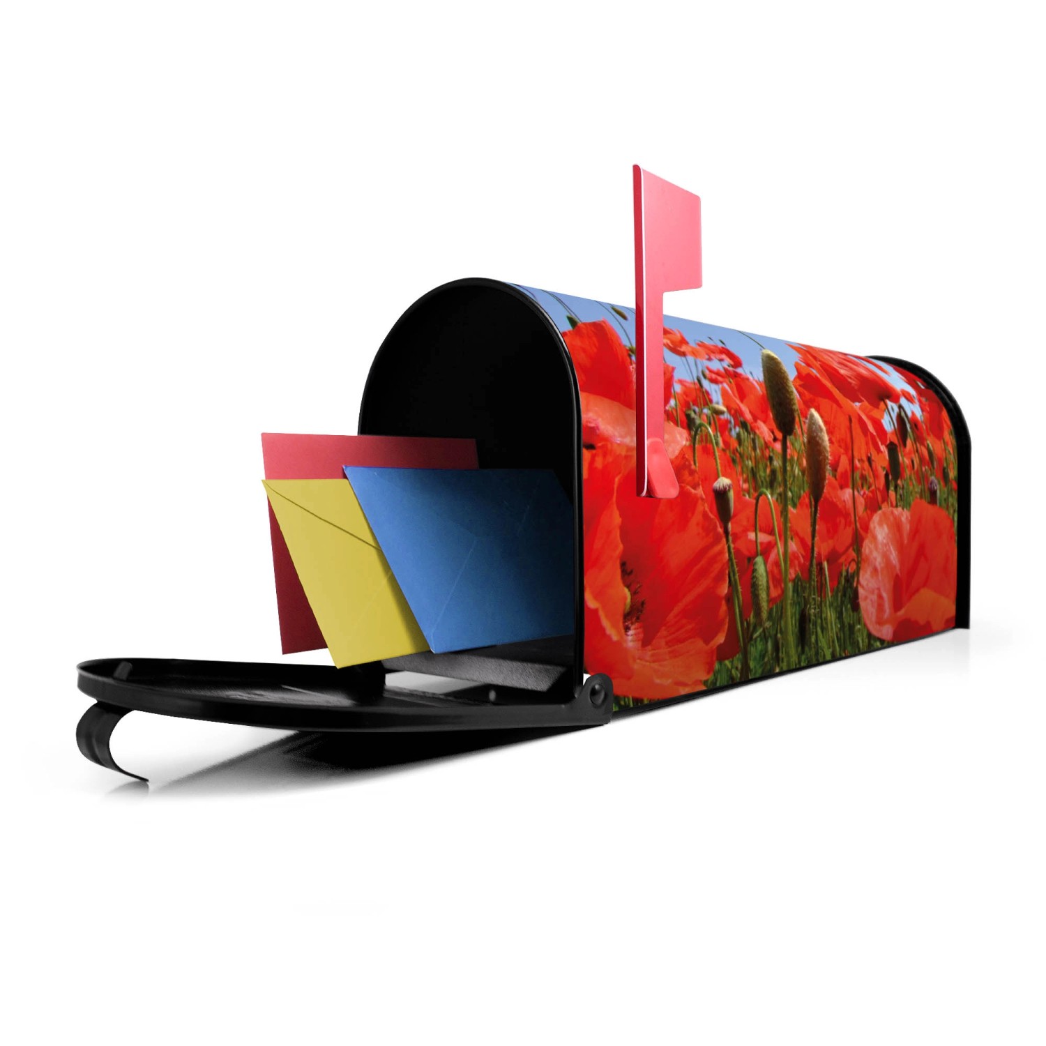 Schwarzer US Briefkasten mit Mohnblumen Motiv, Stahl, 48x22x16cm. Inklusive Briefe und roter Fahne.