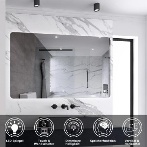 Aica Sanitär Badspiegel 100x80 cm mit LED-Beleuchtung, Touch- und Wandschalter, dimmbar.