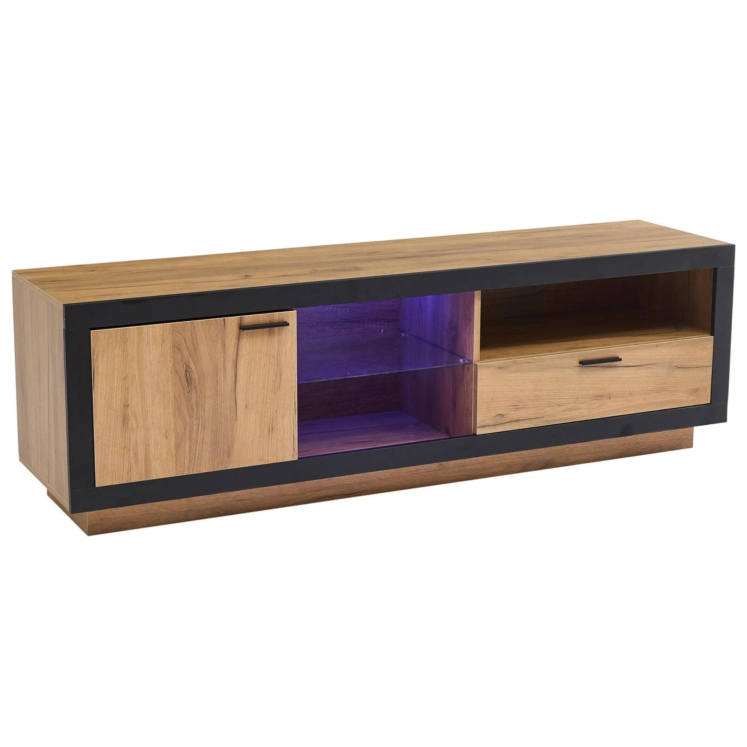 ModernLuxe TV Lowboard mit Glasablagen Led Beleuchtung Tür Schublade Spanplatte Natur
