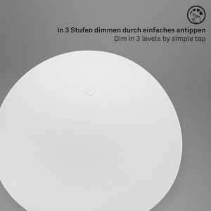 Detailaufnahme der weißen Brilo Akku-Tischleuchte Fungo mit Touchdimmer.