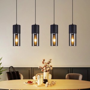 Vier schwarze NETTLIFE Esstisch-Pendelleuchten im Industrial-Design mit Glasschirm, E27-Fassung, höhenverstellbar.