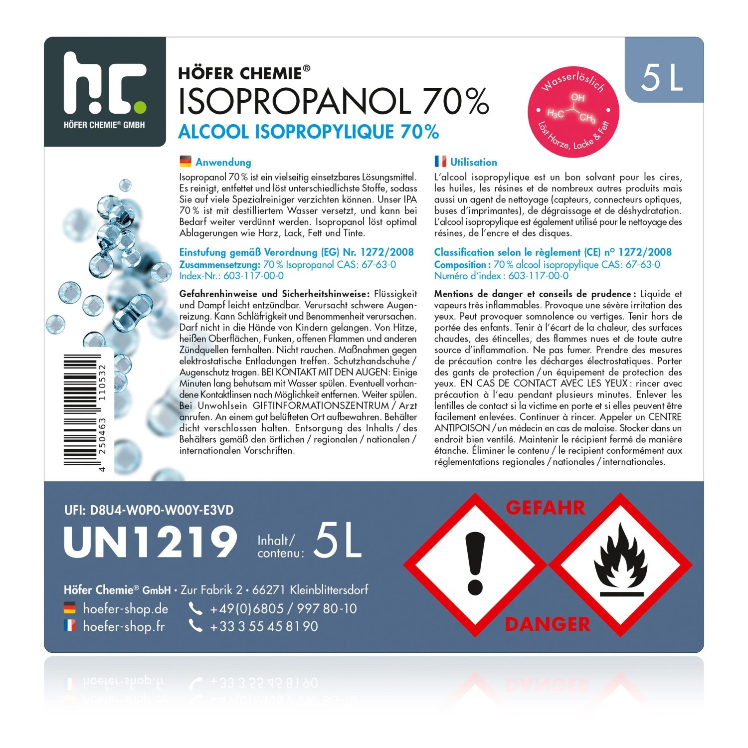 Produktbild von Höfer Chemie Isopropanol 70% – 5 Liter Kanister, Reiniger & Entfetter Für Glas, Displays, Brillen, Schallplatten, Whiteboards