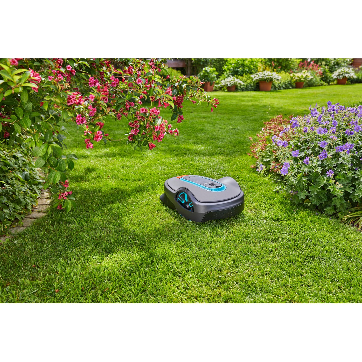 Gardena smart Sileno life Mähroboter Set auf Rasenfläche vor blühenden Büschen.